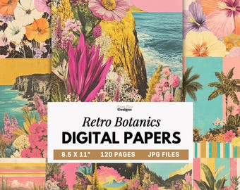 Retro Botanical Digital Papers, Colorful Floral Collage, Vintage Flower Junk Journal Pages, Floral Ocean Mountain Backgrounds