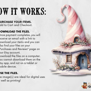 May include: A whimsical illustration of a pink and white candy cane-striped house with a snowy roof and a blue door. The house is surrounded by snow and greenery. The text "HOW IT WORKS" is at the top of the image, followed by a list of instructions for purchasing and downloading digital files.