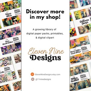 Pu&ograve; includere: Immagine promozionale per Eleven Nine Designs, che presenta pacchetti di carta digitale, stampabili e clipart. L'immagine presenta vari design colorati, tra cui "Trippy Citrus", "Neon Cosmic Nature" e "Pink & Yellow Beach Collage". Il testo recita "Discover more in my shop!"