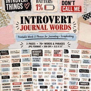 Puede incluir: Una colección digital de palabras y frases imprimibles para diario y scrapbooking, titulada Introvert Journal Words. El set incluye más de 70 tiras de papel con textos como Introvert Things, Battery 1% y Don't Call Me.