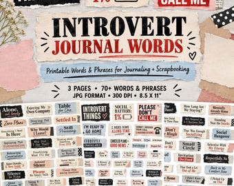 Introvert Journal Words Printable, Funny Phrases Print, Junk Journal Labels, Scrapbook Words, Digital Collage Download