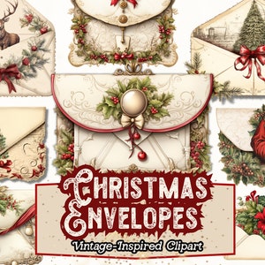 Clipart de sobres de Navidad, sobres digitales, imágenes prediseñadas de Navidad vintage, efímera navideña para diarios basura, scrapbooking, artesanías de papel