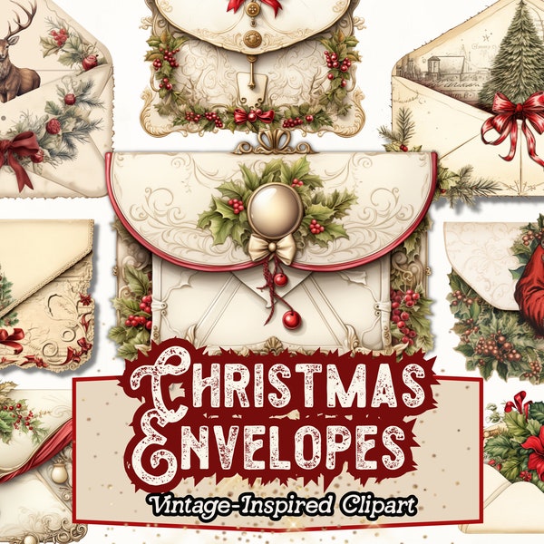 Christmas Envelopes Clipart, Digital Envelopes, Vintage Christmas Clipart, Christmas Ephemera for Junk Journals, Scrapbooking, Paper Crafts