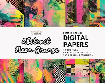 Könnte beinhalten: Eine Sammlung abstrakter digitaler Papiere in leuchtenden Neonfarben. Das Design weist einen Grunge-Stil mit Spritzern, Linien und Texturen auf. Der Text lautet "Abstract Neon Grunge" und "Digital Papers". Die Papiere sind 21,6 x 27,9 cm groß.