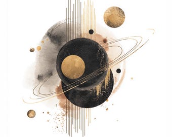 Celestial Abstract Art, Gold Black Watercolor Clipart, Cosmic Moon Sun Printable, Geometric Galaxy Graphics, Modern Mystical Wall Art JPG