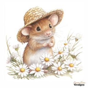 May include: Watercolor illustration of a cute mouse wearing a straw hat, surrounded by white daisies with yellow centers. The mouse has brown fur and is holding its paws together. The image has a soft, whimsical feel.