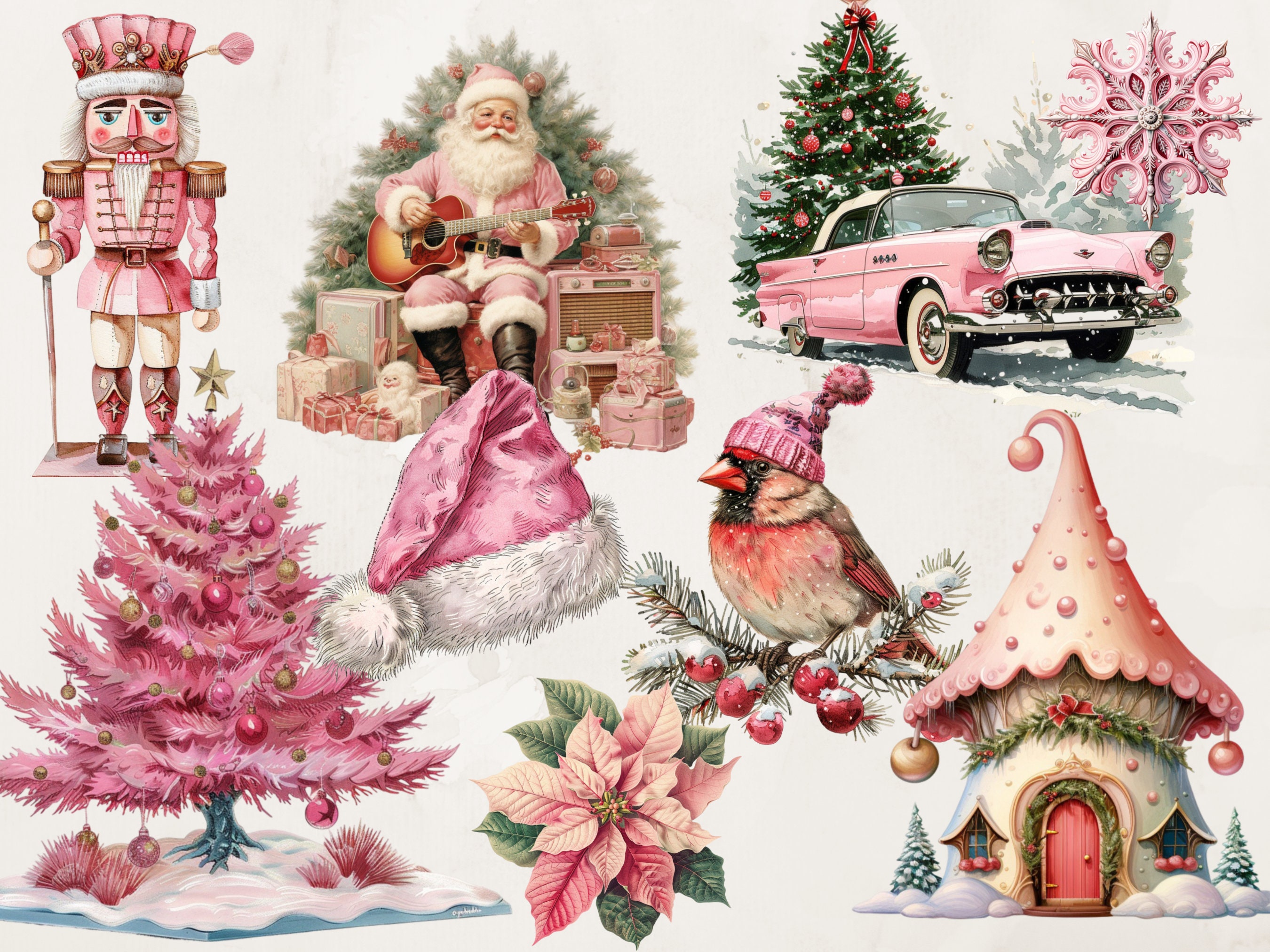 Pink Christmas Clipart Bundle | 150+ Vintage Holiday Pngs | Retro Pink ...