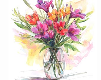 Vibrant Watercolor Flower Bouquets JPG, Colorful Floral Clipart, Bright Botanical Art Prints, Summer Flowers Printable, Digital Floral JPGs