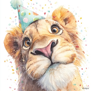 Watercolor Safari Animals Birthday Clipart, Party Hat Lion Tiger Elephant (Digital Download)