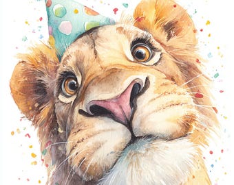 Watercolor Safari Animals Birthday Clipart, Party Hat Lion Tiger Elephant (Digital Download)