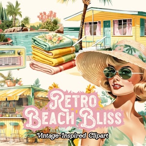 Clipart de verano retro, clipart de playa, PNG de verano, clipart de piscina, clipart retro vintage de los años 50, para manualidades de papel, álbumes de recortes y diarios basura