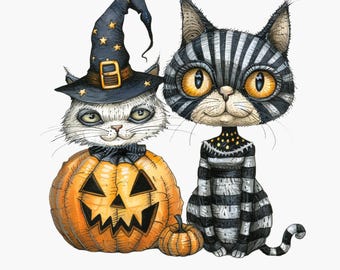Vintage Halloween Cat PNG: Witch & Pumpkin Clipart (Digital Download)