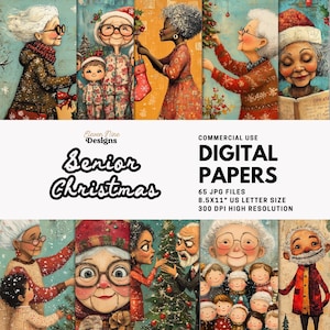Papel digital navideño caprichoso para personas mayores, abuelos navideños, páginas de diario familiar para las fiestas, álbum de recortes para abuelas, arte de dibujos animados para personas mayores