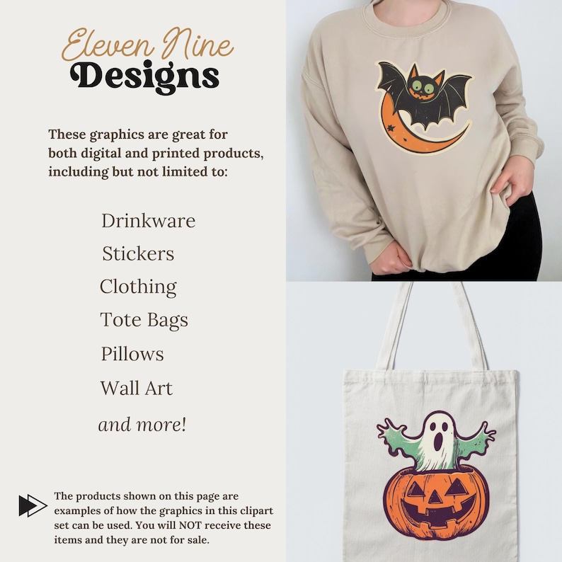 Puede incluir: Una sudadera beige de cuello redondo con el gr&aacute;fico de un murci&eacute;lago frente a una luna creciente, y una bolsa de tela blanca con el gr&aacute;fico de un fantasma saliendo de una calabaza. El texto dice Eleven Nine Designs.
