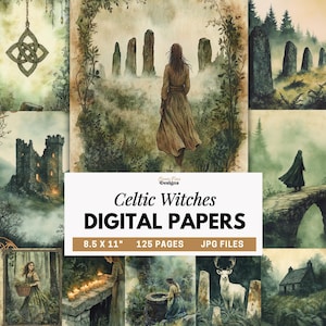 Può includere: Una collezione di carte digitali con illustrazioni a tema celtico che includono pietre erette, un castello in pietra, un cervo bianco e figure in tunica. Il testo centrale recita: "Celtic Witches DIGITAL PAPERS 8.5 X 11" 125 PAGES JPG FILES".