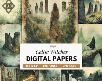 Celtic Witch Digital Papers, Witchcraft Junk Journal Pages, Enchanted Forest Backgrounds, Pagan Grimoire Scrapbook, Instant Digital Download