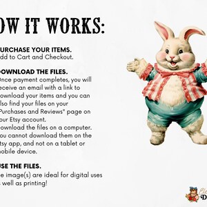 May include: A cartoon illustration of a white bunny wearing a blue and red striped shirt and blue pants. The bunny is smiling and has its arms outstretched. The text "HOW IT WORKS" is at the top of the image. The text below the bunny explains how to purchase, download, and use digital files.