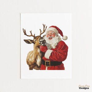 May include: A vintage-style illustration depicts Santa Claus in a red suit and hat, embracing a reindeer. Santa has a white beard and is smiling. The reindeer has brown fur and antlers. The image is on a white background.