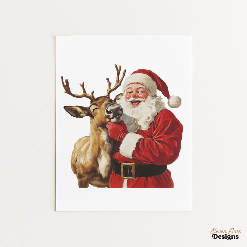 May include: A vintage-style illustration depicts Santa Claus in a red suit and hat, embracing a reindeer. Santa has a white beard and is smiling. The reindeer has brown fur and antlers. The image is on a white background.