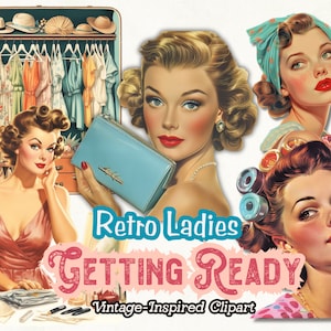 Retro Vintage 1950s Clipart, Ama de casa Clipart PNG, Muñeca de papel PNG, Scrapbooking, Revistas, Descarga digital de moda, Artesanías de papel