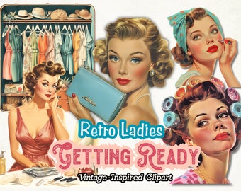 Retro Vintage 1950s Clipart, Housewife Clipart PNG, Paper Doll PNG, Scrapbooking, Journals, Fashion Digital Download, Paper Crafts