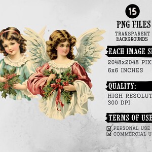 May include: Two vintage illustrations of angels with wings, holding bouquets of holly and berries. The angels are wearing white dresses with blue and pink accents. The background is a light gray.