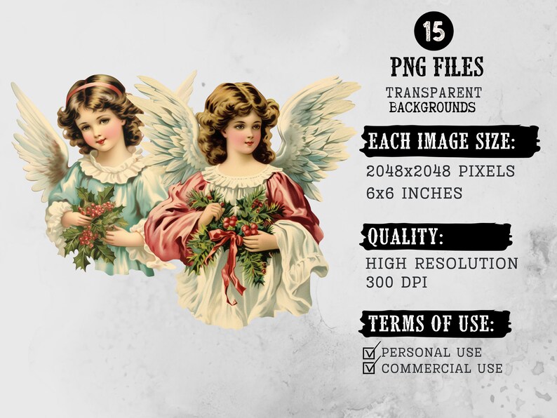 May include: Two vintage illustrations of angels with wings, holding bouquets of holly and berries. The angels are wearing white dresses with blue and pink accents. The background is a light gray.