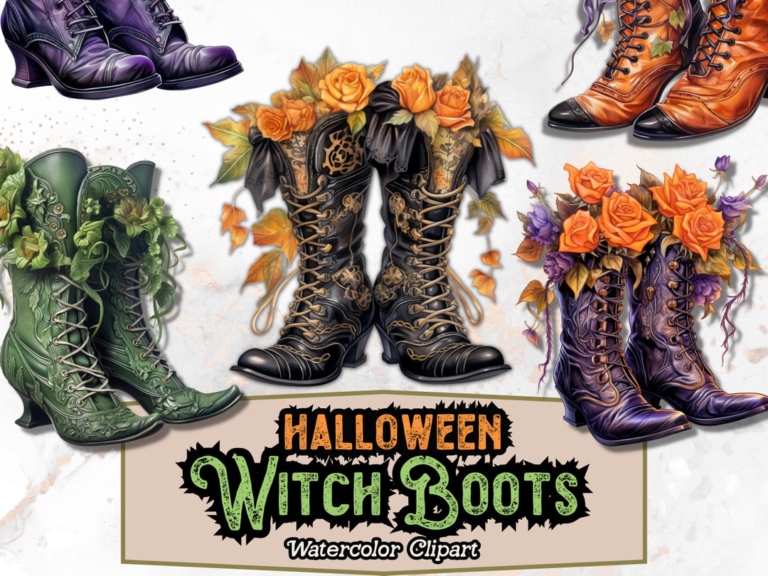 Halloween Witch Boots Clipart, Witch Boots PNG, Watercolor Gothic Witch