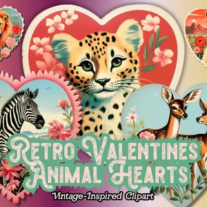Valentine Hearts Clipart, Animal Valentines, Safari Jungle Animal PNG, Vintage Valentines Day, Retro Animals Valentines Stickers, Cheetahs