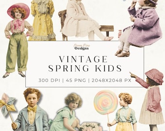 Vintage Paper Dolls Clipart, Vintage Children Clipart, Junk Journal Dolls, Printable Ephemera Kids, Scrapbook Collage Supplies PNGs