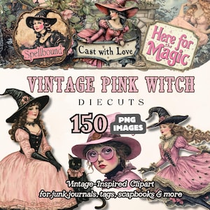 A vintage pink witch clipart bundle featuring retro-style witches in pink dresses and hats, spell-themed labels, and decorative diecuts for scrapbooking, junk journals, and paper crafts. Includes 150 high-resolution PNG files with a magical, romantic Halloween aesthetic.