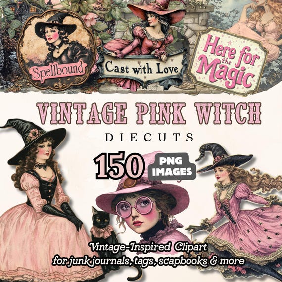 Vintage Pink Witch Clipart | 150 PNG | Retro Halloween, Junk Journal Ephemera, Scrapbooking, Witchy Graphics, Coquette Witch Digital Images