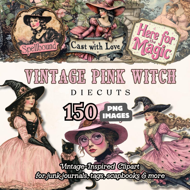 A vintage pink witch clipart bundle featuring retro-style witches in pink dresses and hats, spell-themed labels, and decorative diecuts for scrapbooking, junk journals, and paper crafts. Includes 150 high-resolution PNG files with a magical, romantic Halloween aesthetic.