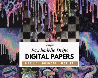 Psychedelic Digital Paper, Neon Drip Backgrounds, Trippy Scrapbook Paper, Junk Journal Pages, Printable Collage Art, Colorful Textures