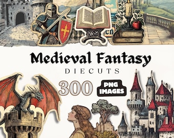 Medieval Fantasy Clipart, Bookish Graphics, Vintage Fairytale Illustrations, Junk Journal Ephemera, Digital Instant Download, Scrapbook PNG
