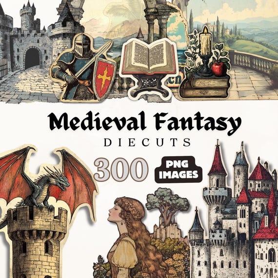 Medieval Fantasy Clipart, Bookish Graphics, Vintage Fairytale Illustrations, Junk Journal Ephemera, Digital Instant Download, Scrapbook PNG