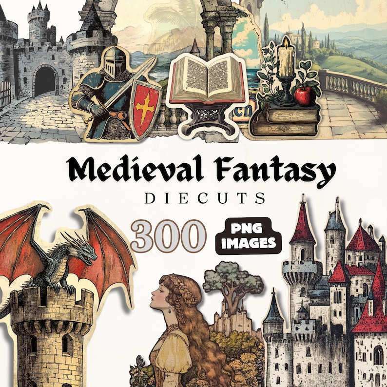 Pu&ograve; includere: Una collezione di immagini fustellate a tema fantasy medievale, tra cui un cavaliere, un drago, castelli e un libro aperto. &Egrave; visibile anche il testo "Medieval Fantasy Die Cuts" e "300 PNG Images". La tavolozza dei colori include sfumature di blu, rosso e beige.