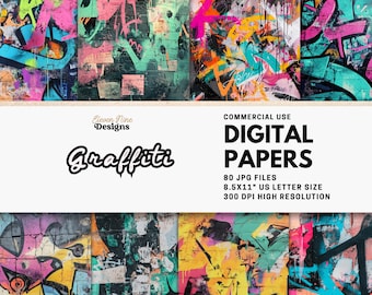 May include: A collection of digital graffiti paper designs. The image features colorful abstract art with vibrant pink, green, orange, and blue spray paint on a brick wall background. Text includes "Graffiti" and "Digital Papers". The papers are 8.5x11 inches.