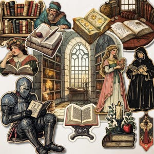 Pu&ograve; includere: Una collezione di adesivi a tema medievale. Le illustrazioni includono persone che leggono libri, un cavaliere in armatura e una scena di biblioteca. Gli adesivi hanno un'estetica vintage da libro di fiabe.