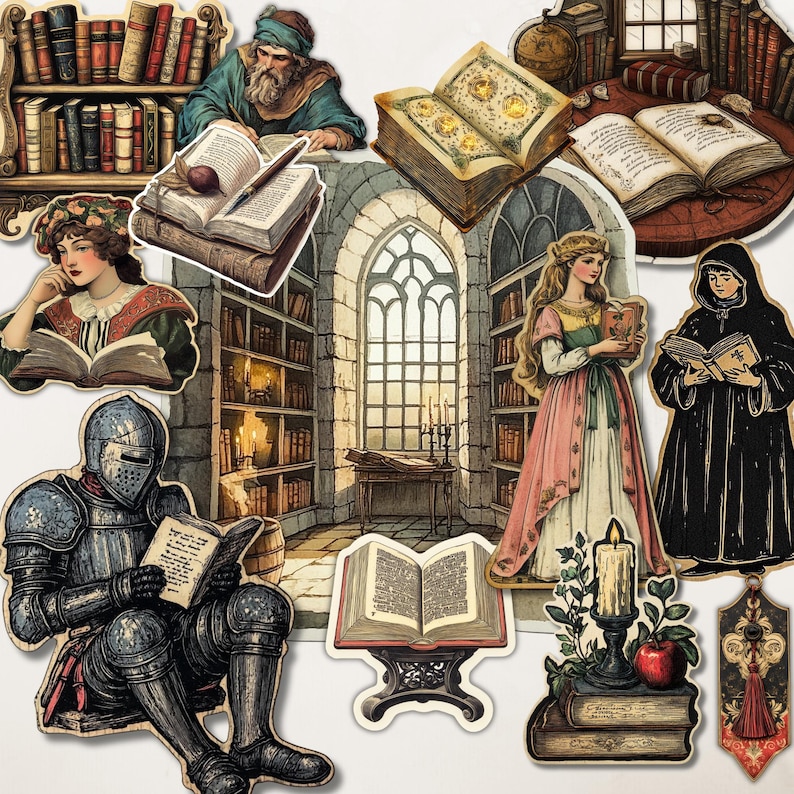 Pu&ograve; includere: Una collezione di adesivi a tema medievale. Le illustrazioni includono persone che leggono libri, un cavaliere in armatura e una scena di biblioteca. Gli adesivi hanno un'estetica vintage da libro di fiabe.