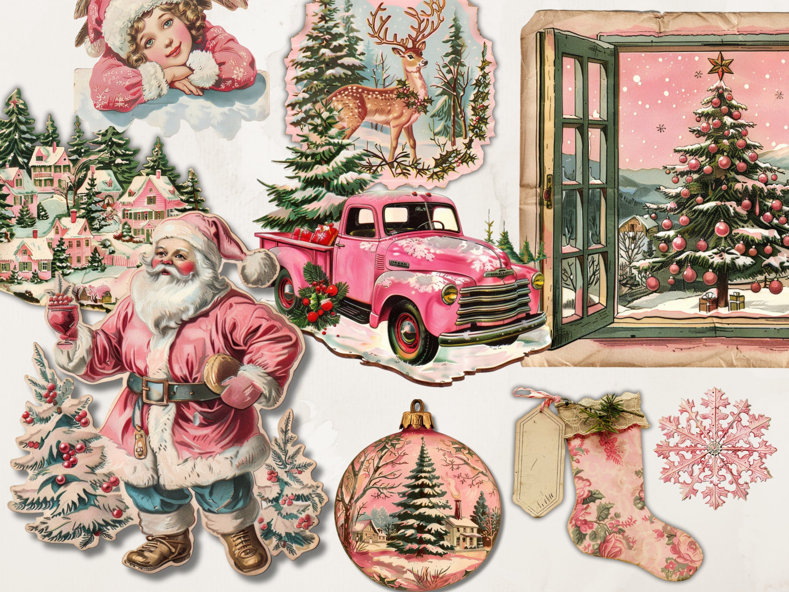 Pink Christmas Clipart Bundle | 150+ Vintage Holiday Pngs | Retro Pink ...