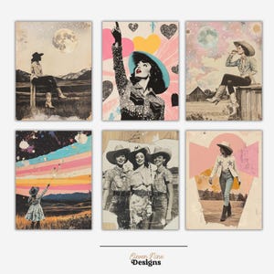 May include: A set of six vintage-style art prints featuring cowgirl themes. The prints showcase cowgirls in various settings, including a starry night, a field, and a wooden fence. Each print has a unique color palette with a vintage aesthetic.