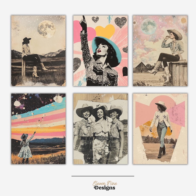 May include: A set of six vintage-style art prints featuring cowgirl themes. The prints showcase cowgirls in various settings, including a starry night, a field, and a wooden fence. Each print has a unique color palette with a vintage aesthetic.
