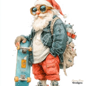 Könnte beinhalten: Aquarell-Illustration von Santa Claus in einer Jeansjacke, roter Hose und Fliegerbrille, der ein blaues Skateboard hält. Er hat einen Rucksack und einen Weihnachtsmütze. Das Bild hat ein modernes, urbanes Weihnachtsthema.