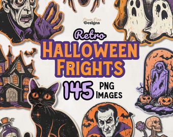 Vintage Halloween Aufkleber Clipart, Horror Halloween PNG, wählerische Schnitte, Clipart für Scrapbooks, Journal, digitaler Download, Geister, Hexen