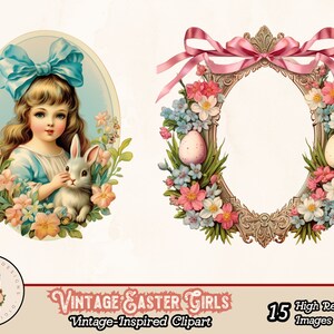 Puede incluir: Dos ilustraciones vintage de Pascua. La primera imagen presenta a una ni&ntilde;a con un vestido azul sosteniendo un conejo blanco. Est&aacute; rodeada de flores rosas, azules y blancas. La segunda imagen es una corona de flores rosas, azules y blancas con dos huevos blancos. La corona tiene la forma de un marco ovalado.