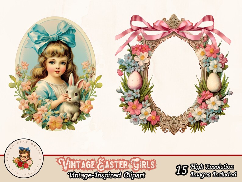 Puede incluir: Dos ilustraciones vintage de Pascua. La primera imagen presenta a una ni&ntilde;a con un vestido azul sosteniendo un conejo blanco. Est&aacute; rodeada de flores rosas, azules y blancas. La segunda imagen es una corona de flores rosas, azules y blancas con dos huevos blancos. La corona tiene la forma de un marco ovalado.