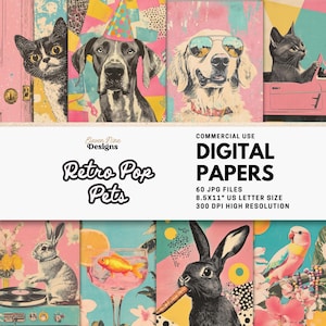 Retro Pop Pets Digital Paper, Printable Collage Animal Backgrounds for Junk Journals, Scrapbooking, Art Journaling, Dogs, Cats, Bunnies JPGs