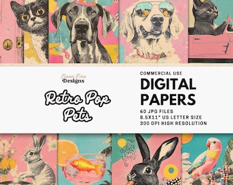 Retro Pop Pets Digital Paper, Printable Collage Animal Backgrounds for Junk Journals, Scrapbooking, Art Journaling, Dogs, Cats, Bunnies JPGs