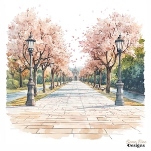 Può includere: Dipinto ad acquerello di un sentiero in un parco fiancheggiato da alberi di ciliegio in fiore. Il sentiero conduce a un edificio in lontananza. Lampioni neri fiancheggiano il sentiero. L'immagine ha una palette di colori tenui, pastello, con toni rosa, verdi e marroni. Il testo "Eleven Nine Designs" è in basso a destra.